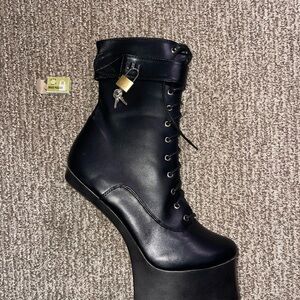 Globe Black Lace-Up Platform Ankle Boot with Gold Padlock Accent